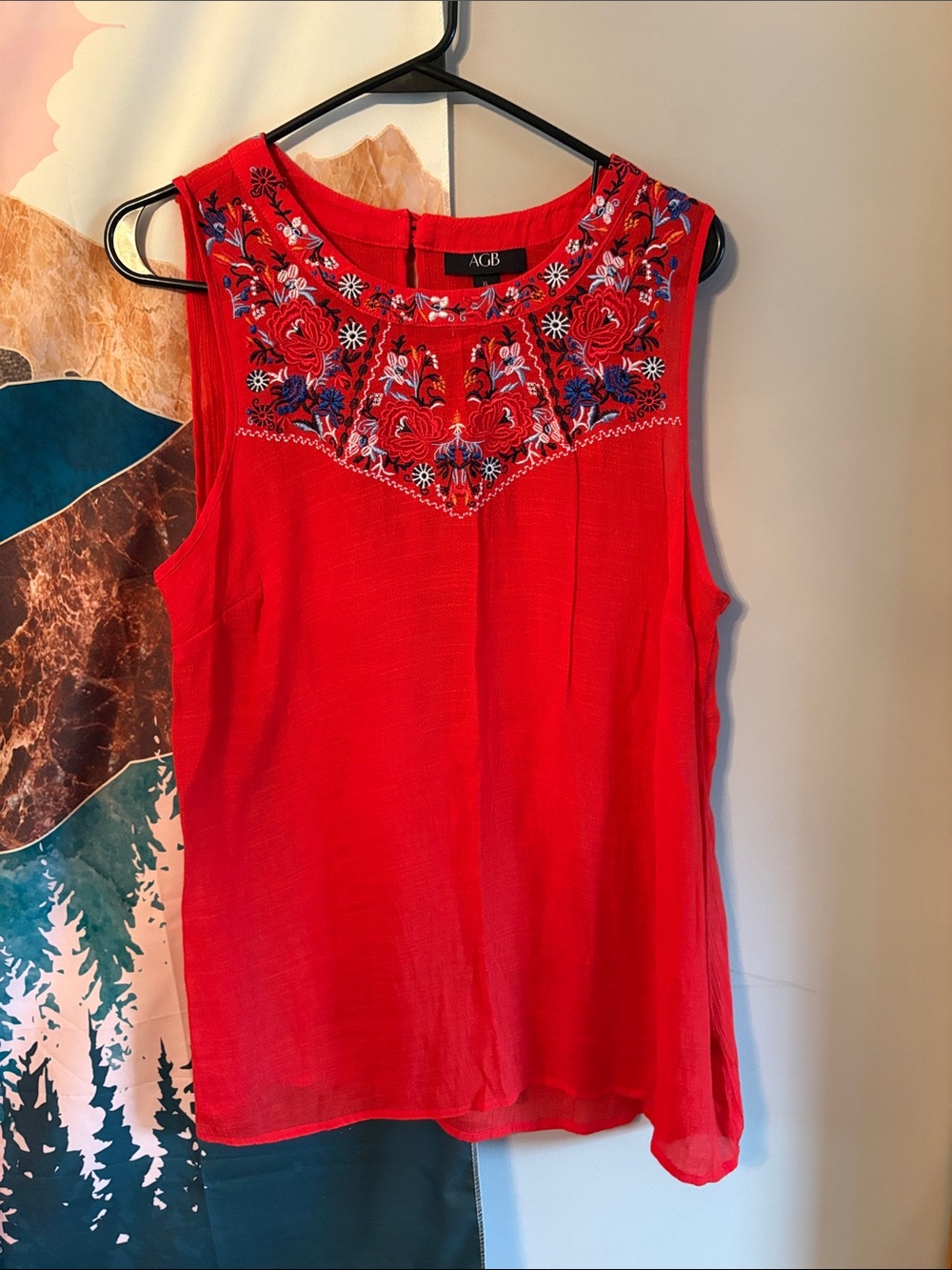 AGB Red Sleeveless Embroidered Yoke Camisole